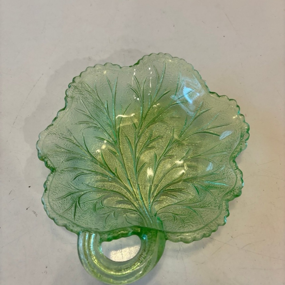 Vintage Uranium Glass Cabbage Leaf Candy Dish/Server